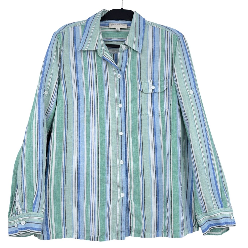 Jones New York Sport Button Down Women XL 100% Linen Green‎ Blue Striped